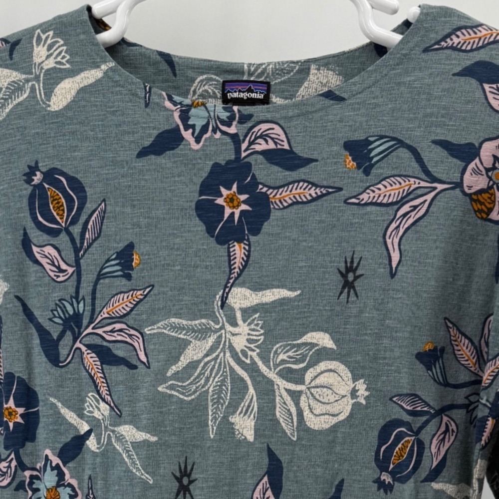Patagonia Women M Teal Blue Floral Organic Cotton 3/4 Sleeve Tunic Dress